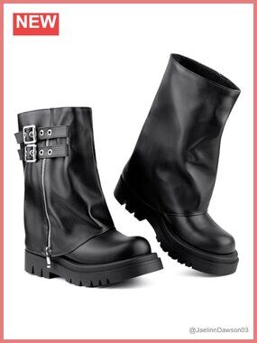 Mid Calf Slouchy Fold Over Moto Combat Boots Faux Leather Platform